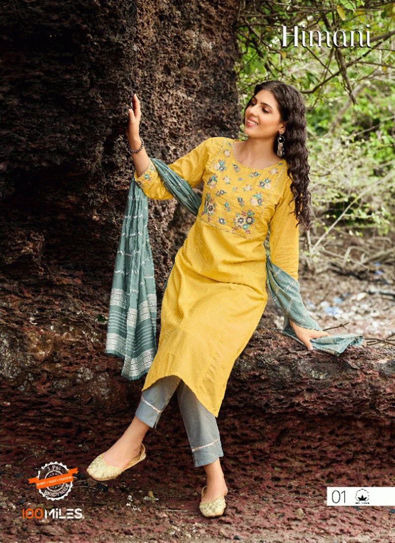 Himani By 100 Miles Cotton Embroidery Kurti With Bottom Dupatta Suppliers In India